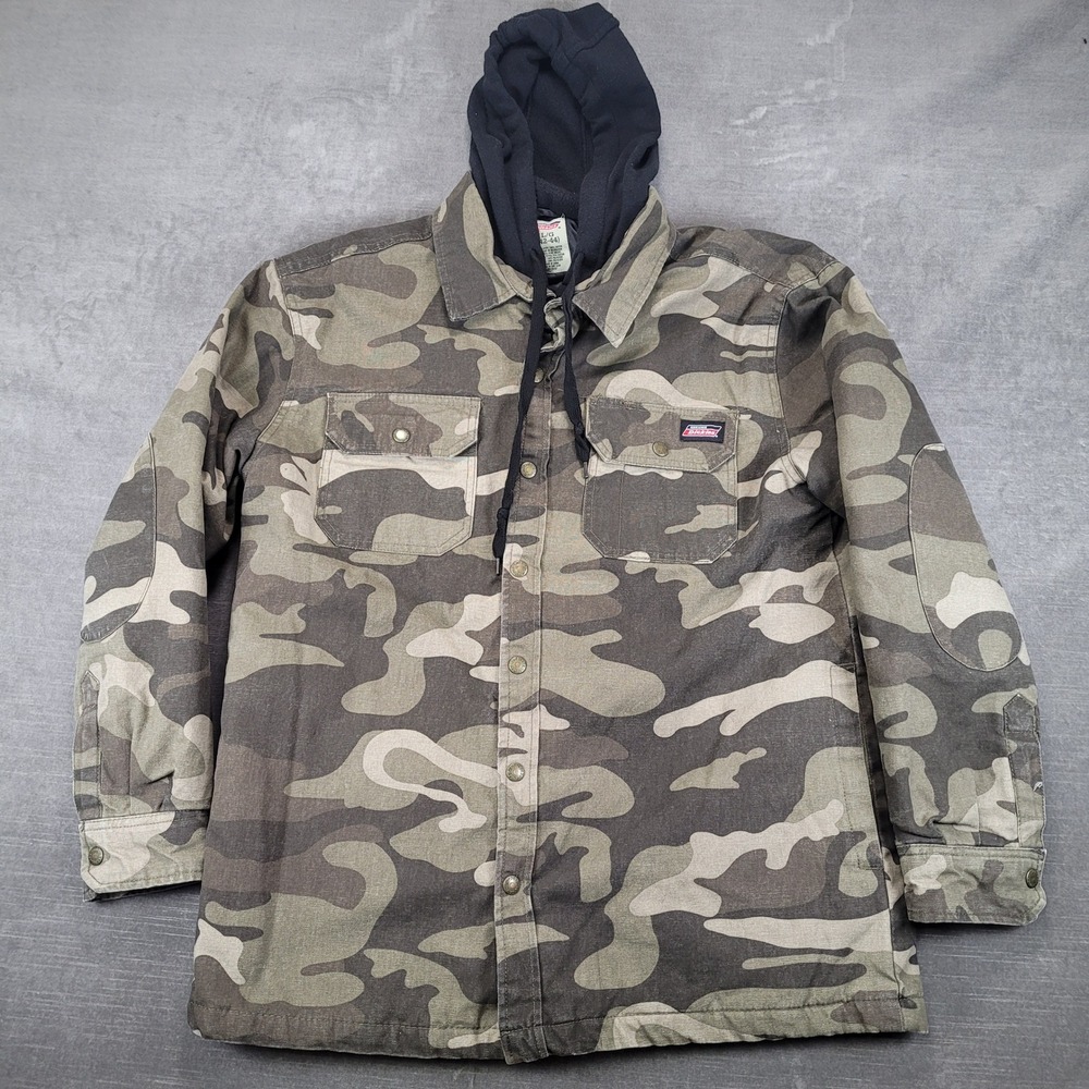 Dickies Mens Large Camo Hooded Shirt Jacket Quilted Lined Canvas Shacket Lg
